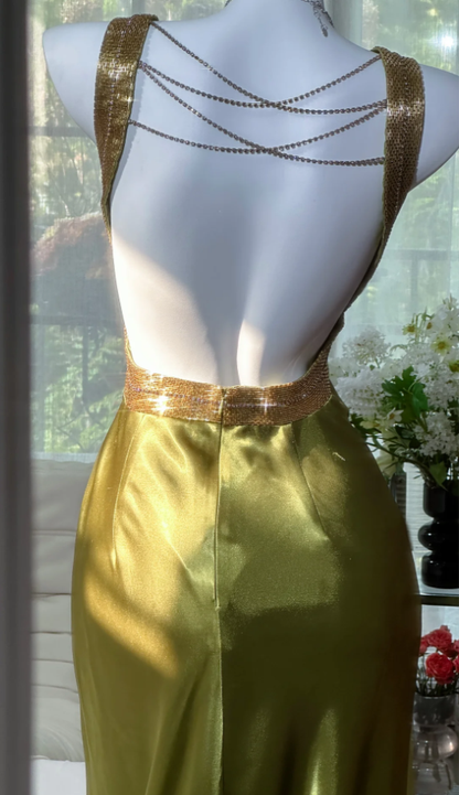 Fashion Olive Green V Neck Satin Sequin Mermaid Long Evening Dress Backless Birthday Prom Dress SP1669