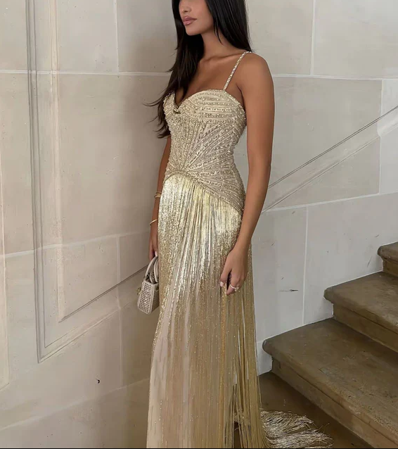 Luxurious Spaghetti Straps Sequin Beaded Gold Long Evening Dress Prom Simplepromdress Luxurious Spaghetti Straps Sequin Beaded Gold Long Evening Dress Prom Simplepromdress
