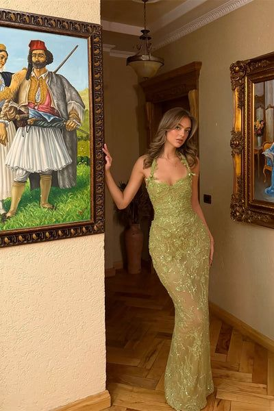 Sexy Halter Avocado Green Lace Sequin Mermaid Long Party Dress Birthday Prom Dresses SP1336