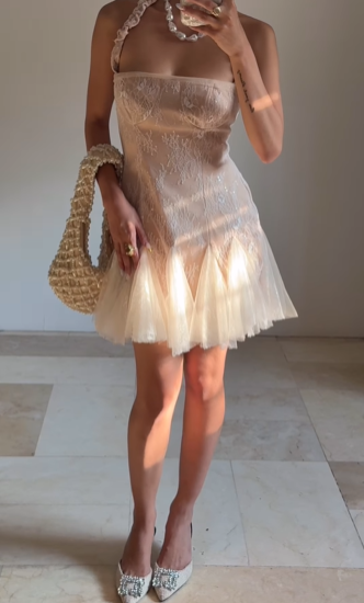 Cute Halter Lace Tulle Homecoming Short Prom Dress Y8502