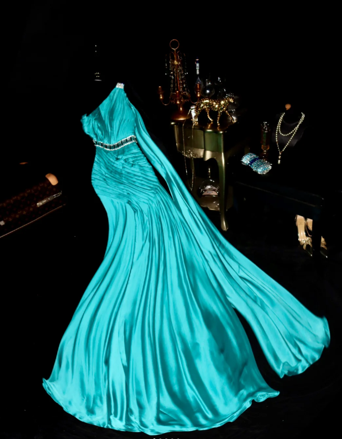 Unique One Shoulder Blue Satin Beaded Mermaid Evening Dress Long Birthday Prom Dress SP1068
