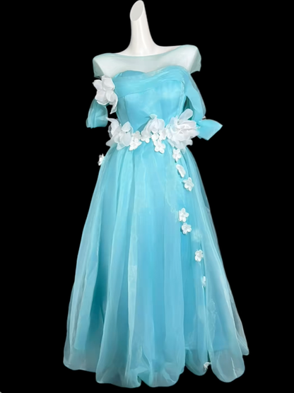 Classy Blue Tulle Appliques A Line Long Party Dress Prom Dresses SP3520