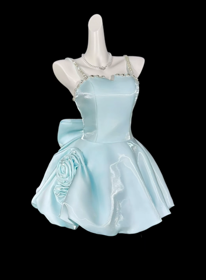 Glamorous Spaghetti Straps Satin Beaded Short Graduation Homecoming Dress,Blue Mini Birthday Outfits SP3513