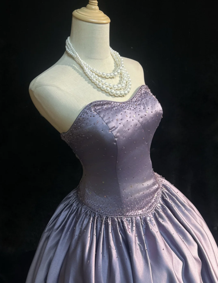 Elegant Strapless Ball Gown Lilac Satin Beaded Long Birthday Evening Dress SP1788