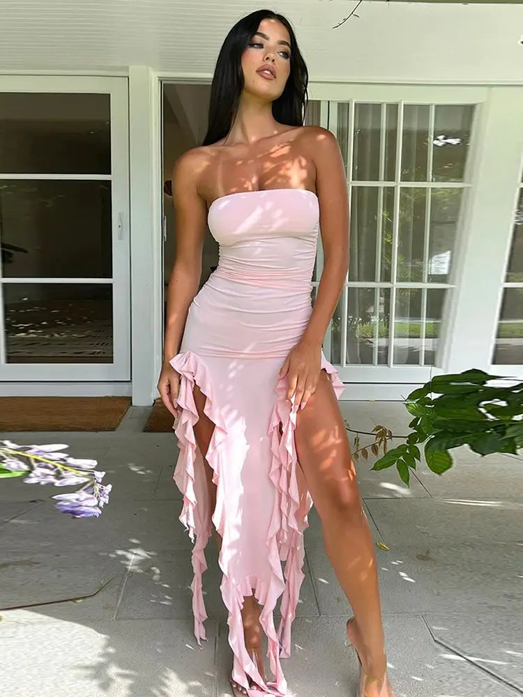 Pink Strapless Ruffle Evening Dress Women Sexy Bodycon Fringe Elegant Simplepromdress Pink Strapless Ruffle Evening Dress Women Sexy Bodycon Fringe Elegant Simplepromdress