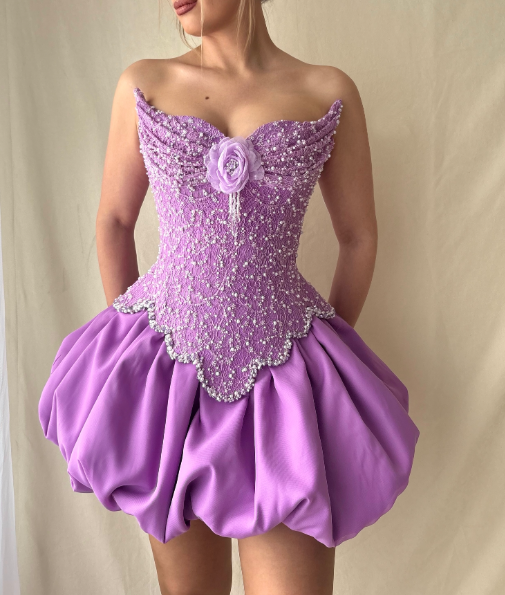 Glamorous Purple Strapless Satin Lace Beaded Short Homecoming Dress Birthday Dress SP3026