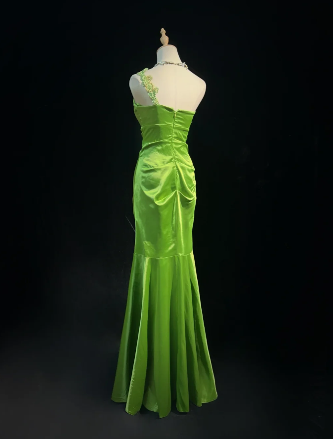 Pretty Green One Shoulder Satin Beaded Mermaid Evening Dress Long Wedding Guest Dress SP1972