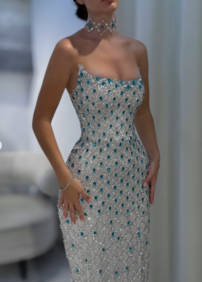 Gorgeous Strapless Blue Sequin Beaded Sheath Long Party Dress Formal Birthday Party Gown SP772