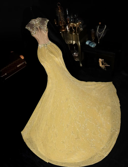 Shiny Sleeveless Yellow Tulle Sequin Beaded Mermaid Evening Dress Prom Dress SP725