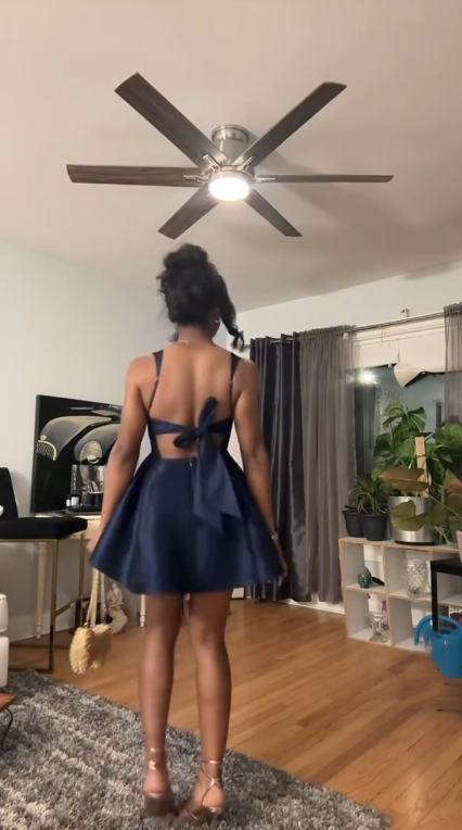 Fashion Spaghetti Straps Satin A Line Mini 16th Birthday Outfits,Navy Blue Short Graduation Homecoming Dress SP2504