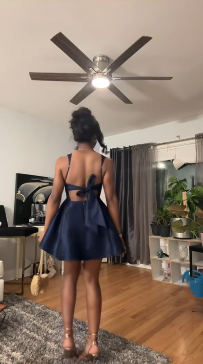 Fashion Spaghetti Straps Satin A Line Mini 16th Birthday Outfits,Navy Blue Short Graduation Homecoming Dress SP2504