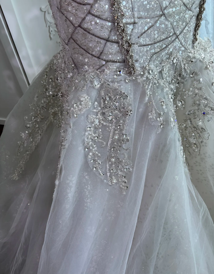 Gorgeous Silver Tulle Beaded Mermaid Long Wedding Dress Formal Bridal Dress SP1450