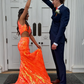 Sparkly Orange Sequin One Shoulder Long Prom Dress with Slit Y4277