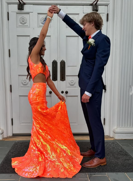 Sparkly Orange Sequin One Shoulder Long Prom Dress with Slit Y4277