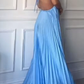 Sexy Blue Halter Spaghetti Strap A-line Long Prom Dress Backless Evening Dress Y8090