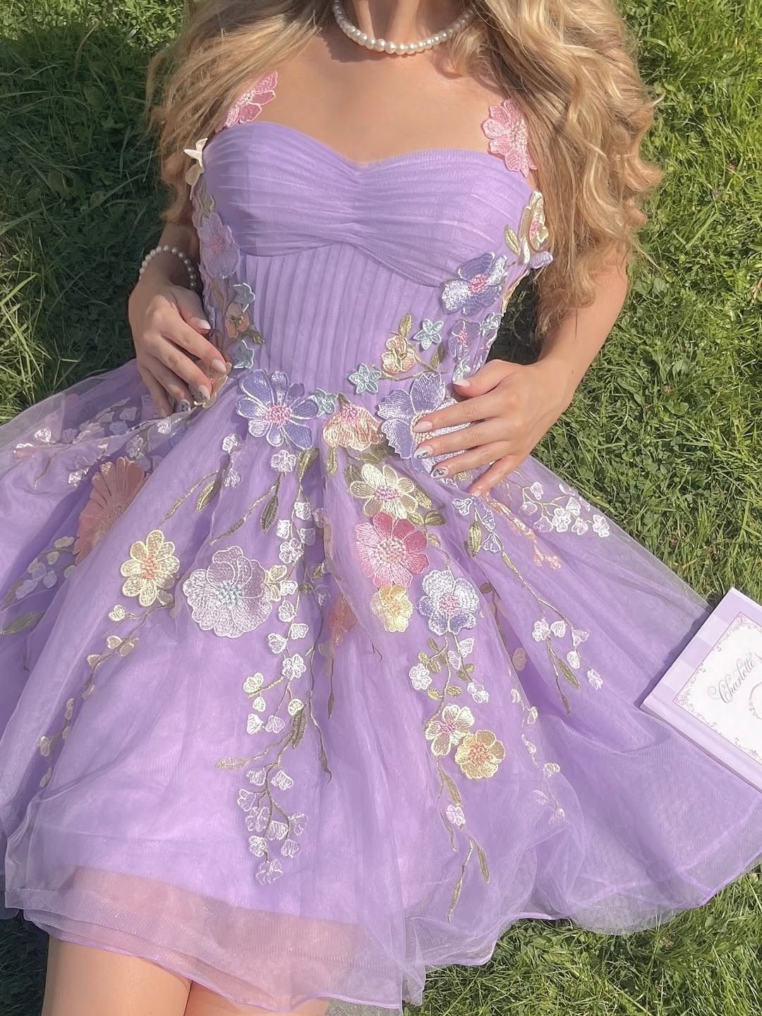 Charming Floral Straps Tulle Appliques A Line Short 9th Grade Homecoming Dress Purple Mini Cocktail Dress SP2403