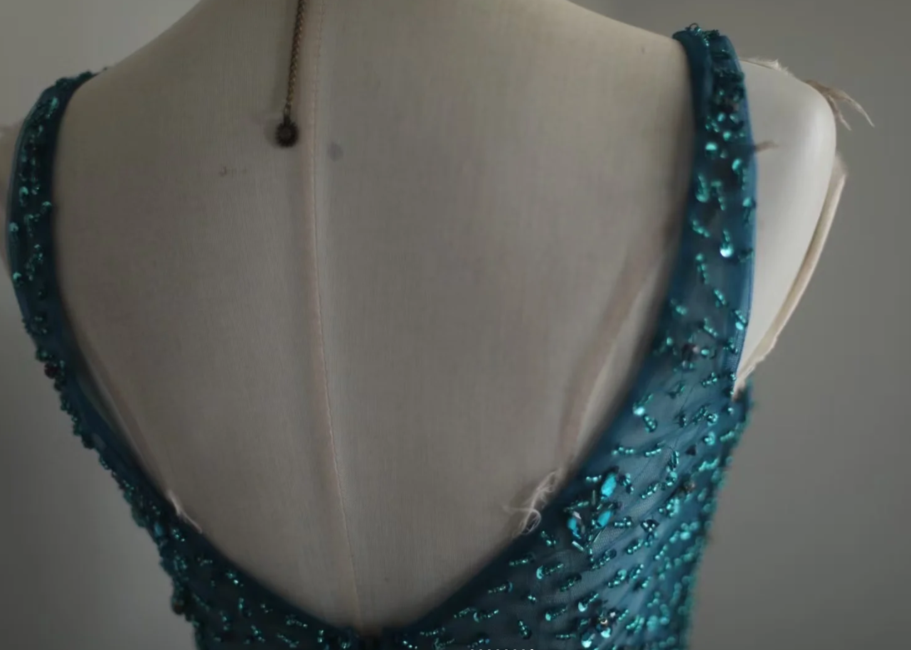 Glamorous Blue V Neck Satin Beaded Mermaid Party Dress Slit Long Wedding Guest Dress Prom Gown SP1264