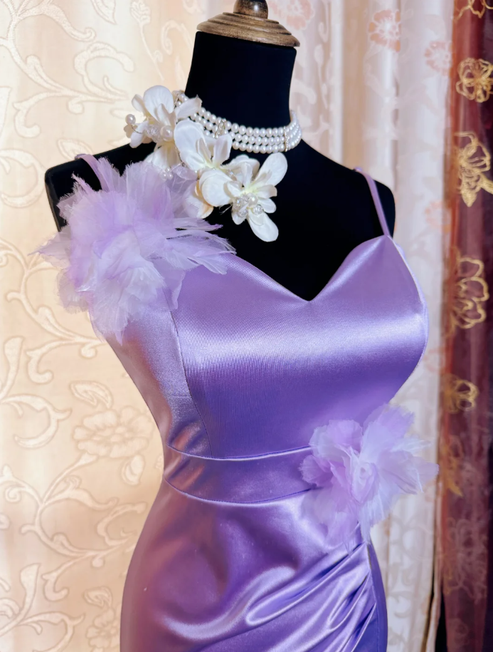 Classy Spaghetti Straps Purple Satin Appliques Mermaid Slit Party Dress Long Wedding Guest Dress SP1943