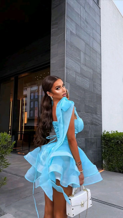 Elegant Spaghetti Straps Blue Tulle A Line Mini Homecoming Dress Short Prom Dress SP3066