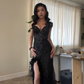 Gorgeous Tulle Sequin Feathers Mermaid Long Evening Dress Black Slit Birthday Prom Gowns SP1331