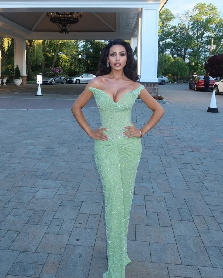 Pretty Sage Green Sequin Sheath Long Prom Dress,Off The Shoulder Birthday Party Gown SP2454
