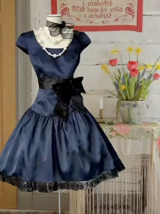 Vintage Navy Blue Satin A Line Short Prom Dress Formal Graduation Homecoming Dress Y9994