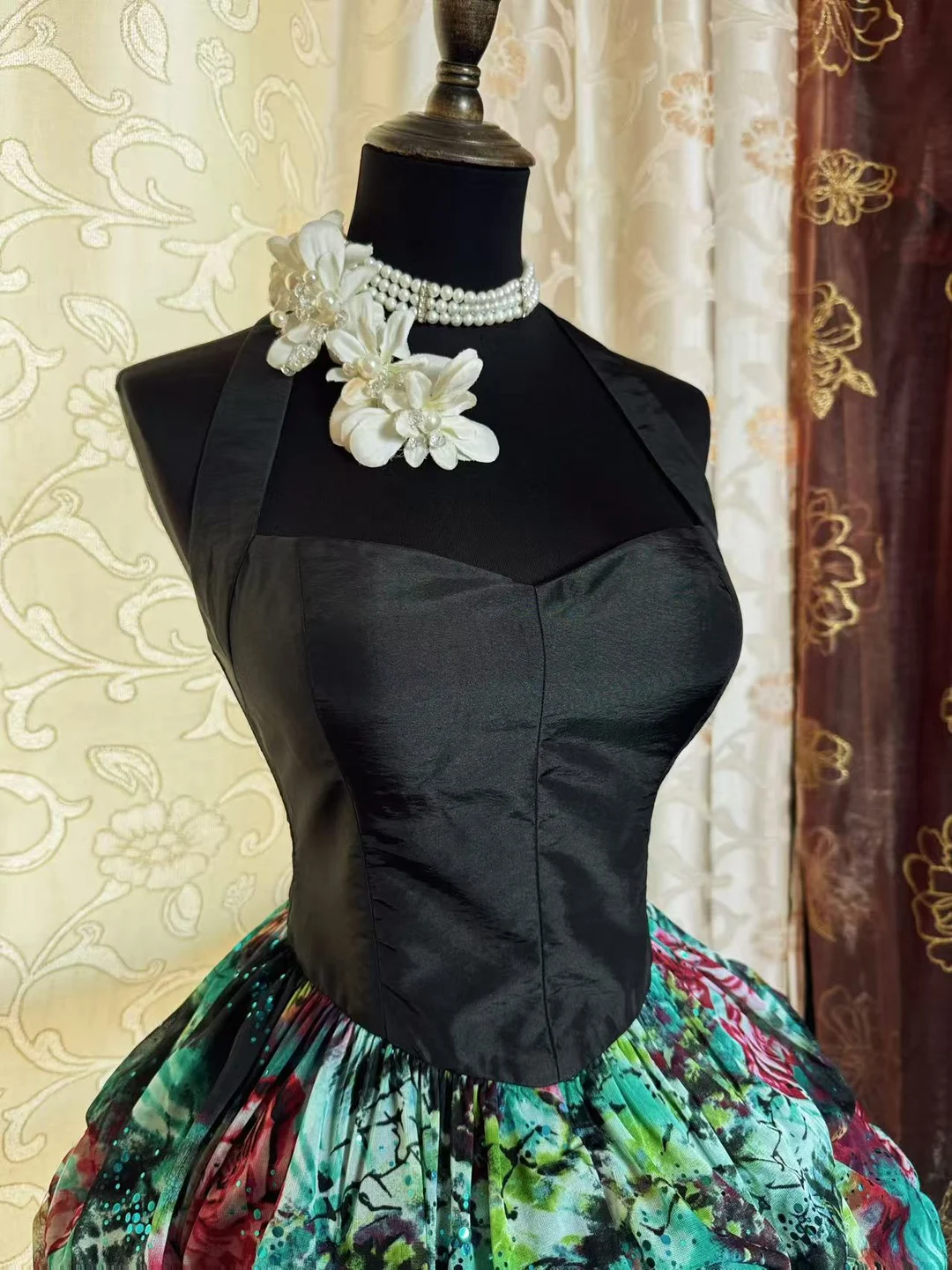 Chic Black Halter Satin Chiffon Print Floral A Line Short Graduation Homecoming Dress Cocktail Dress SP2195