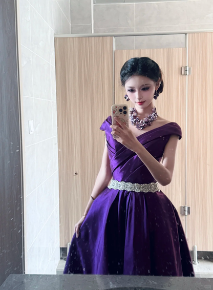 Gorgeous Off The Shoulder Ball Gown Purple Satin Beaded Long Party Dress Prom Gown SP2068
