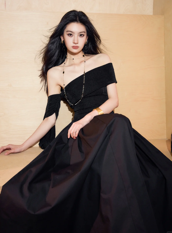 Chic Off The Shoulder Black Satin A Line Long Evening Dress Formal Wedding Guest Dress SP2087