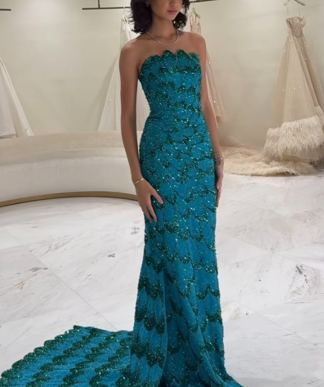 Luxurious Peacock Blue Strapless Satin Sequin Beaded Mermaid Long Prom Dress Evening Dress SP620