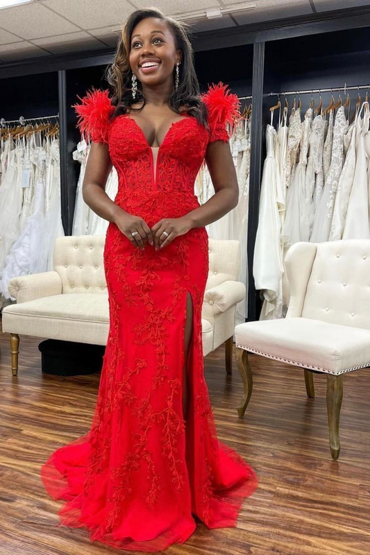 Red Lace Mermaid Prom Dress With Split,Red Evening Dress Y5721