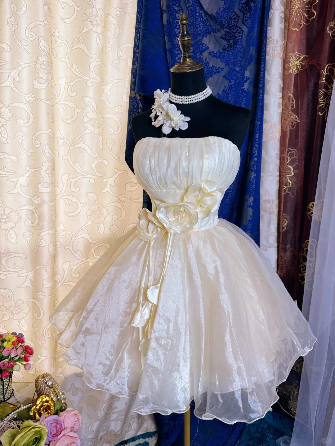 Sweet Light Champagne Strapless Organza 3D Floral A Line Short 17th Birthday Outfits Homecoming Dress SP2193