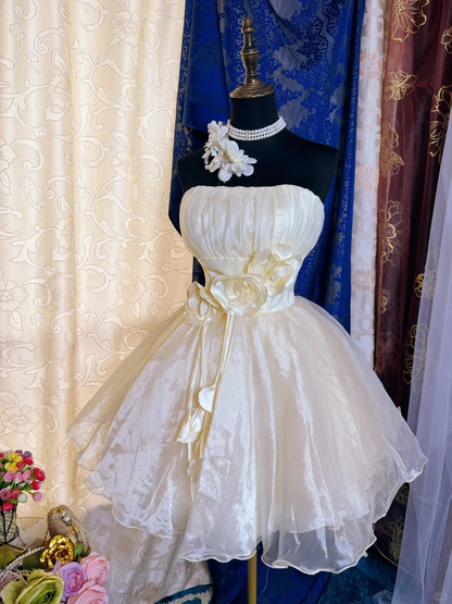 Sweet Light Champagne Strapless Organza 3D Floral A Line Short 17th Birthday Outfits Homecoming Dress SP2193