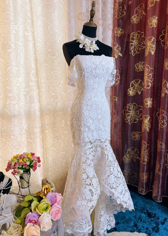 Elegant Spaghetti Straps White Lace Mermaid Long Party Dress Birthday Prom Dress SP1945