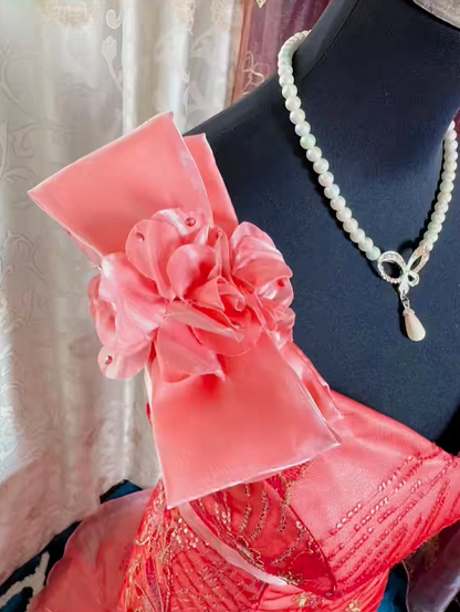 Vintage Spaghetti Straps Satin Embroidery Beaded Mermaid Evening Dress Pink Long Prom Gown SP2375