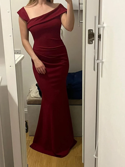 Elegant Burgundy Satin Mermaid Long Party Dress Formal Long Wedding Guest Dress SP4107