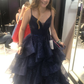 Glitter Navy A-line V Neck Tiered Prom Dress Y6782