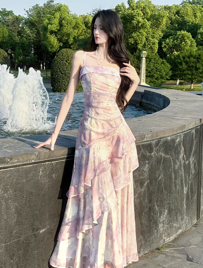 Pretty Spaghetti Straps Purple Chiffon Ruffles Print Floral Mermaid Long Party Dress Birthday Prom Gowns SP1992