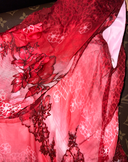 Glamorous Red Chiffon Print Floral Beaded Mermaid Prom Gown Birthday Party Dress SP755