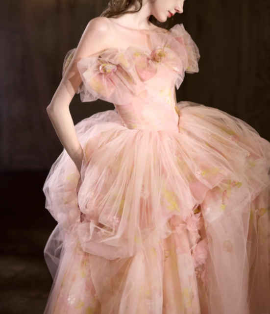 Pretty Pink Floral Tulle Long Birthday Prom Dress Strapless Party Gowns SP2096