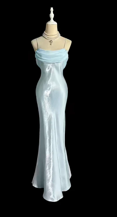 Classy Spaghetti Straps Blue Satin Mermaid Long Wedding Guest Dress Formal Evening Dress SP1510