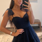 Dark Navy Bow Tie Shoulder Dot Tulle A-line Long Prom Dress Y4892