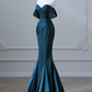 Simple Off Shoulder Satin Ink Blue Long Prom Dress, Ink Blue Long Formal Dress Y7348