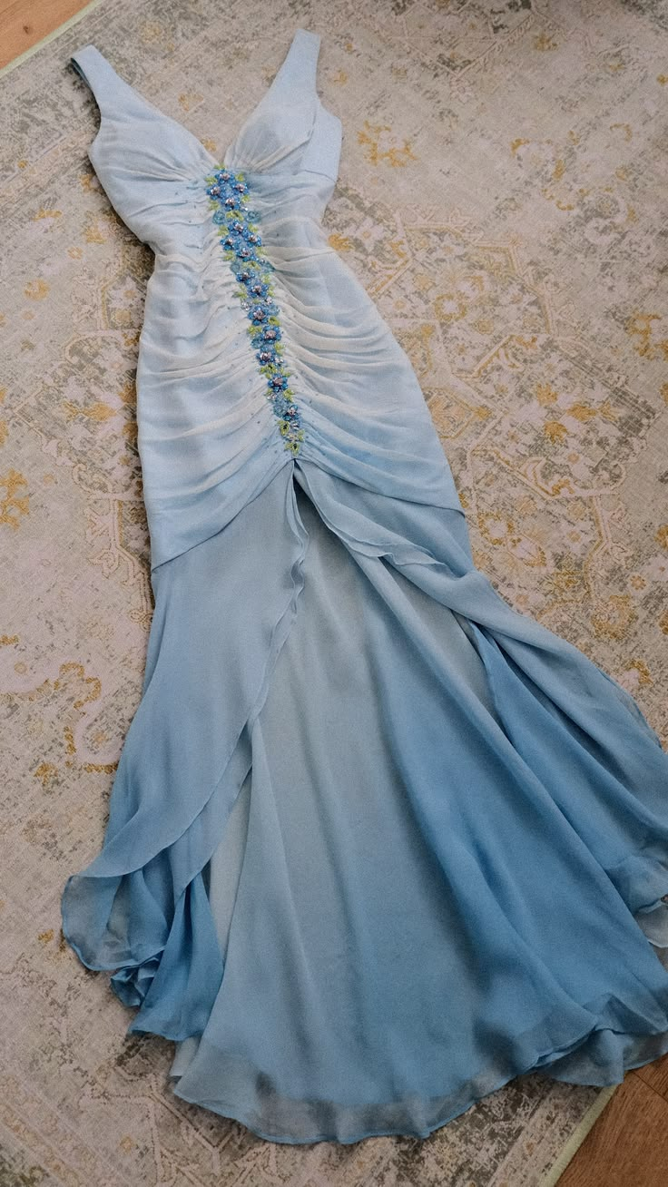 Elegant V Neck Ombre Blue Chiffon Beaded Mermaid Long Party Dress Evening Gown SP2287