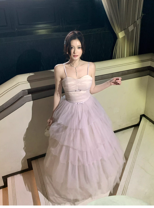Pretty Light Lavender Spaghetti Straps Tulle Layered A Line Long Birthday Prom Dress Party Dress SP1495