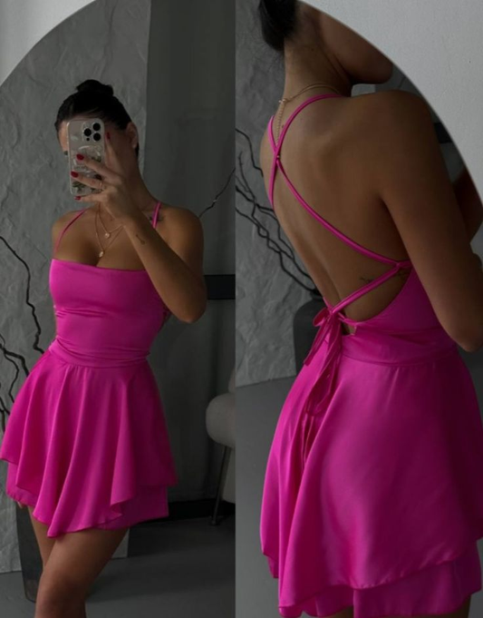 Simple Hot Pink Satin A Line Short Homecoming Dress Formal 21st Birthday Outfits SP62