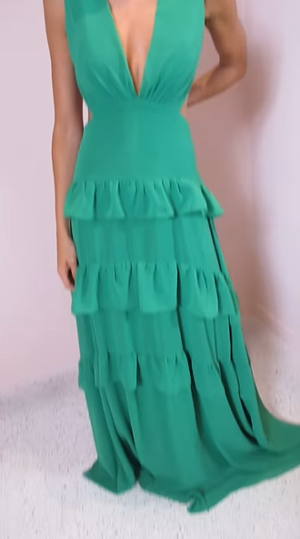 Emerald Green Deep V Neck Layered Ruffles Evening Dress,Backless Long Prom Dress Y8386