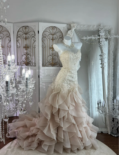 Pretty Strapless Light Pink Apricot Lace Appliques Tulle Ruffles Mermaid Long Party Dress Formal Wedding Guest Dress SP1449