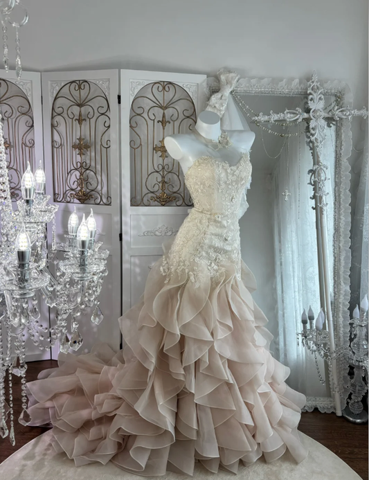 Pretty Strapless Light Pink Apricot Lace Appliques Tulle Ruffles Mermaid Long Party Dress Formal Wedding Guest Dress SP1449