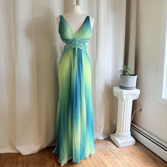 Chic V Neck Chiffon Sequin Backless Prom Dress Mermaid Long Party Gown SP445